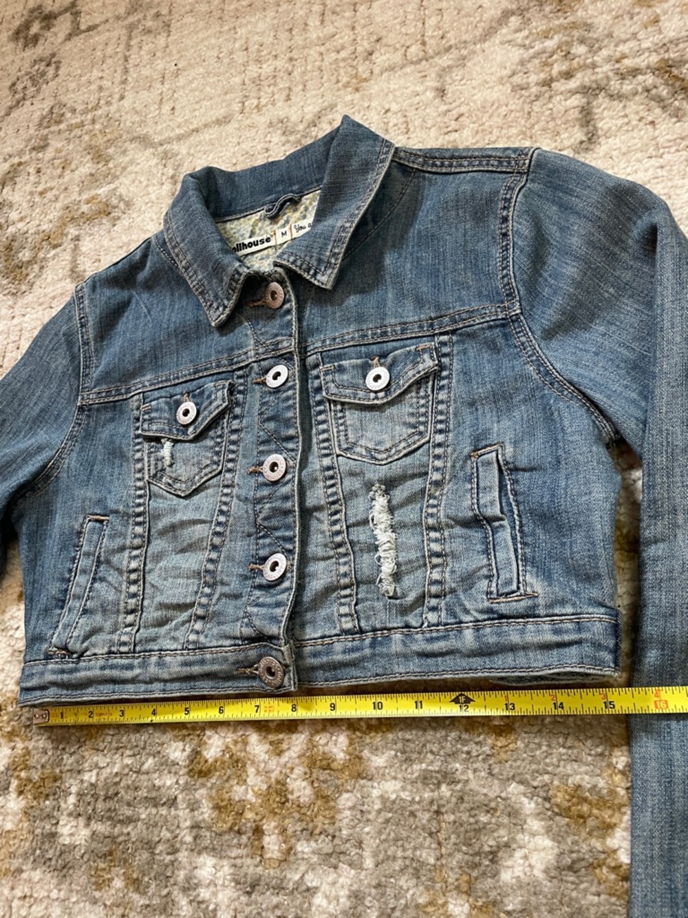 Upcycled Dollhouse Cropped Distressed Denim Jacket with Bird Hmong embroidery M - Picture 10 of 15